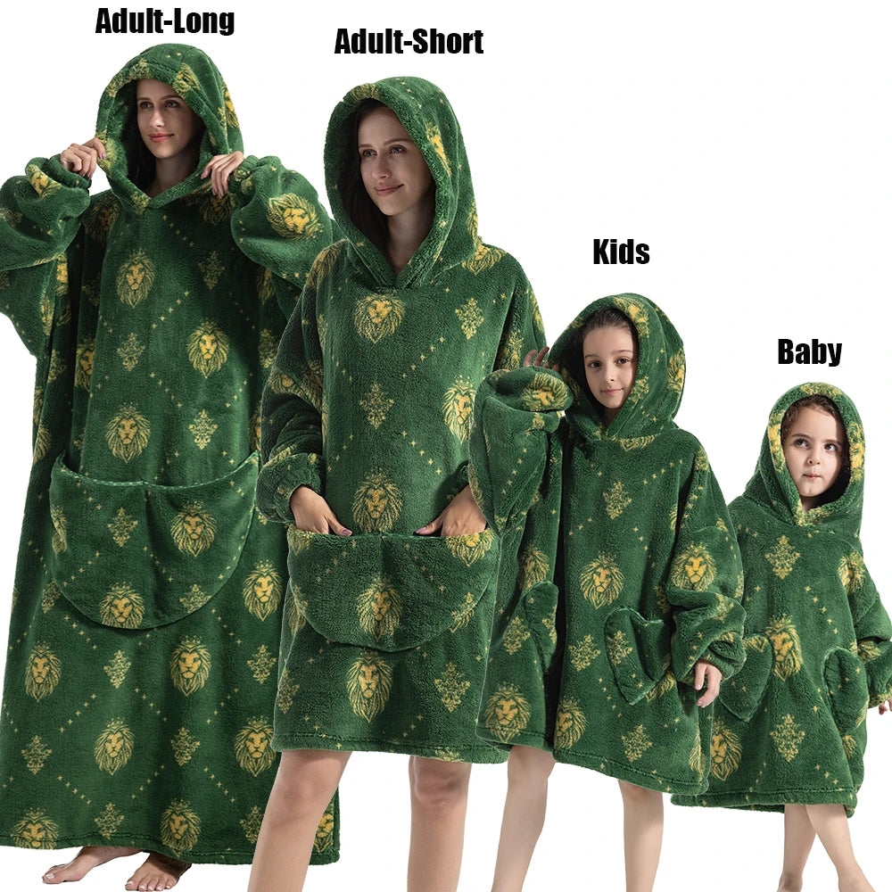 Oversize Winter Sherpa Blanket Plush Polar Fleece Family Matching Hoodie Girl Sweatshirt Homewear Avocado Animal Print Outwear