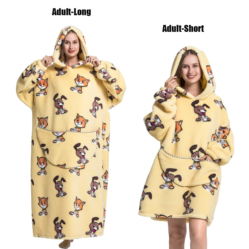Women Plush Fleece Blanket Men Warm Thick Hoodies Adult Giant TV Blanlets with Sleeves Super Long Cold-proof Homewear Pajamas