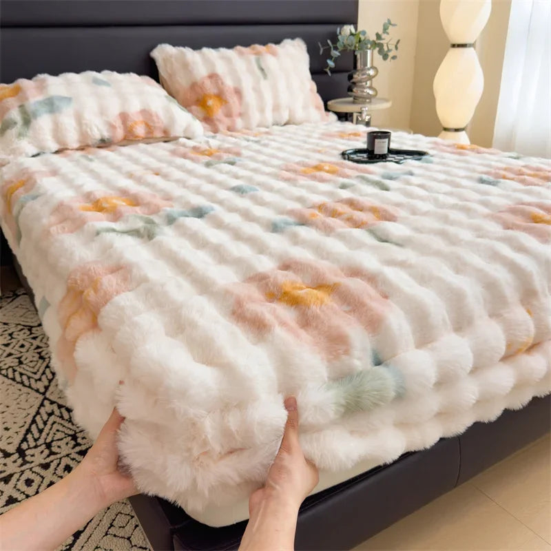 2024 new thickened rabbit plush mattress single piece winter warm plush sheet cover all-inclusive mattress protective cover