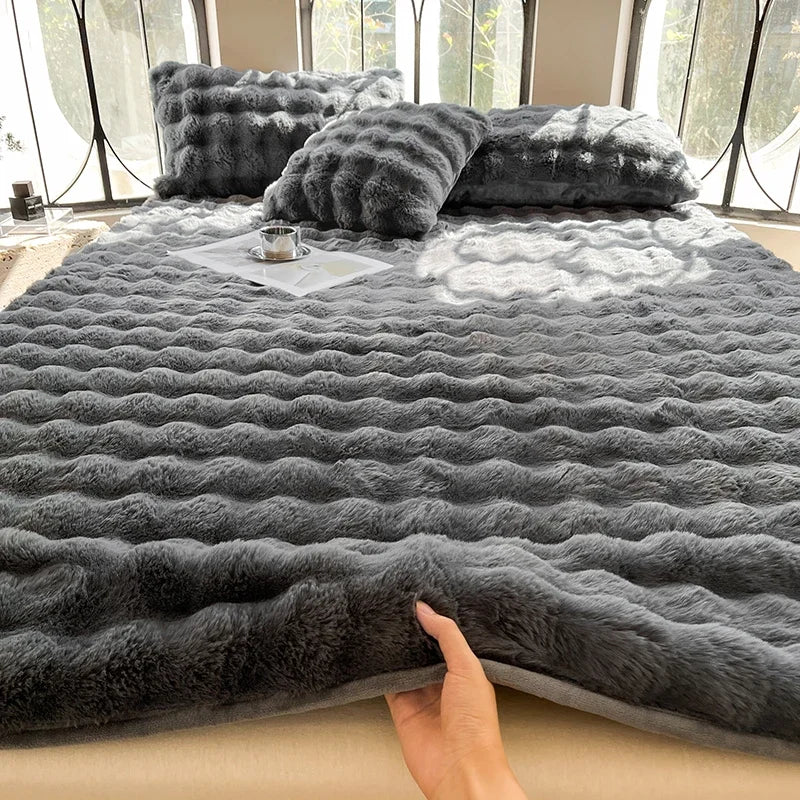 Fluffy Plush Fitted Bed Sheet Solid Color Long Hair Fleece Bed Cover For Double Bed fundas de colchón Winter Warm Mattress Cover