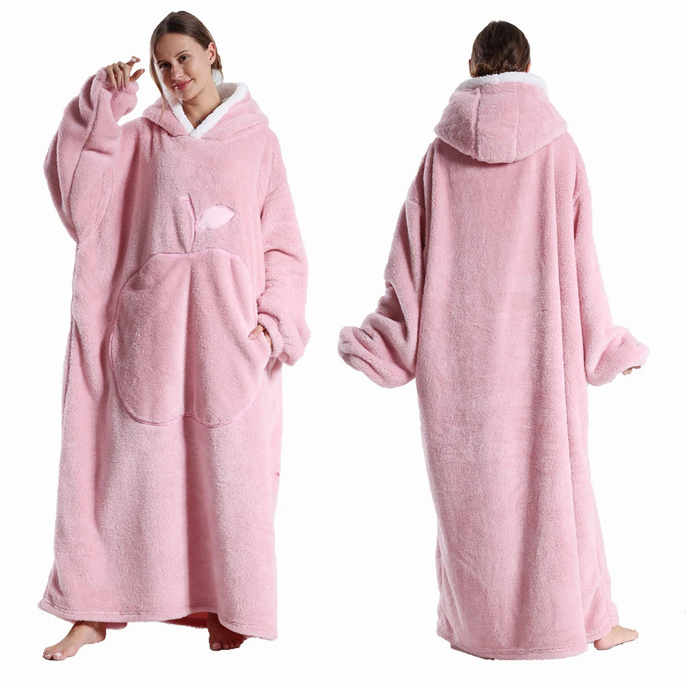 Plush Long Blanket For Women Wearable Winter Warm Oversized Blanket Hoddies With Sleeves Adult Thick Pajama For Slumber Party