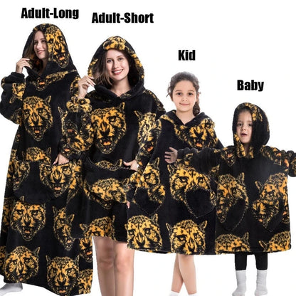Oversize Winter Sherpa Blanket Plush Polar Fleece Family Matching Hoodie Girl Sweatshirt Homewear Avocado Animal Print Outwear