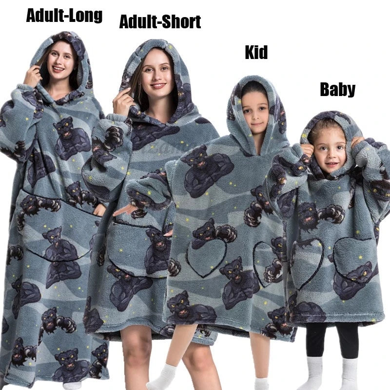 Oversize Winter Sherpa Blanket Plush Polar Fleece Family Matching Hoodie Girl Sweatshirt Homewear Avocado Animal Print Outwear