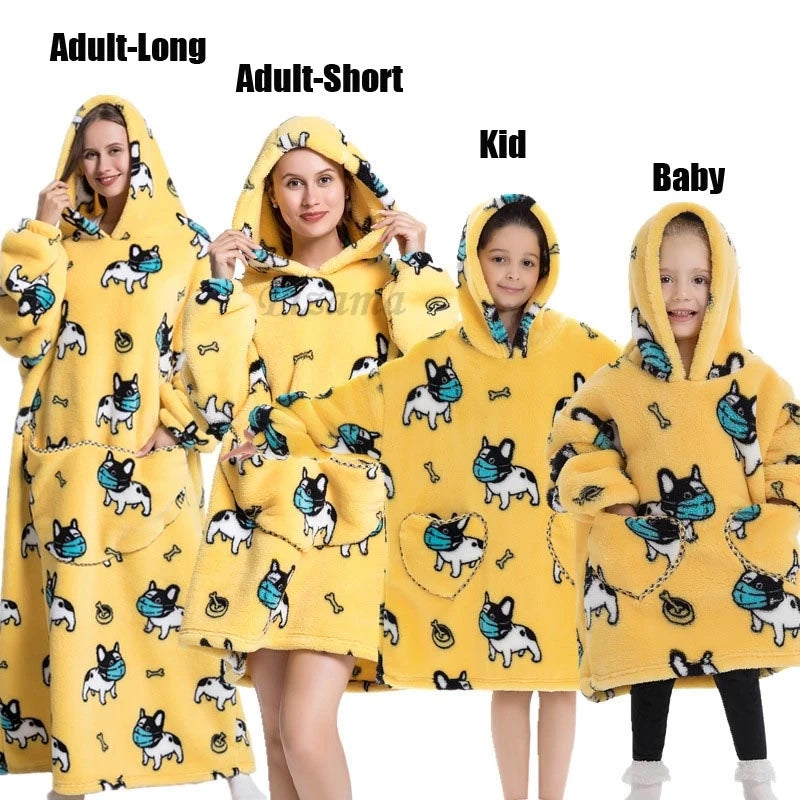 Oversize Winter Sherpa Blanket Plush Polar Fleece Family Matching Hoodie Girl Sweatshirt Homewear Avocado Animal Print Outwear