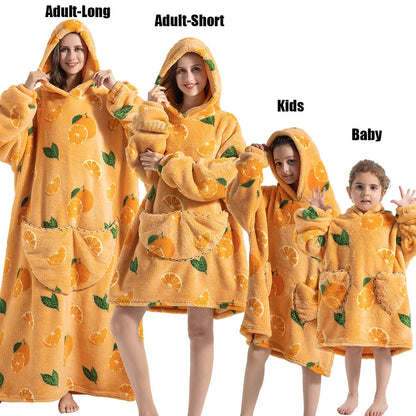 Oversize Winter Sherpa Blanket Plush Polar Fleece Family Matching Hoodie Girl Sweatshirt Homewear Avocado Animal Print Outwear