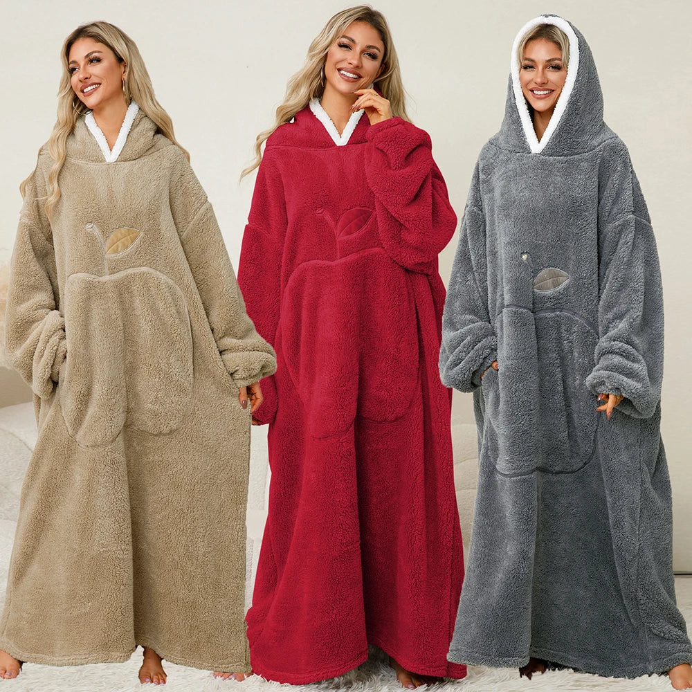Plush Long Blanket For Women Wearable Winter Warm Oversized Blanket Hoddies With Sleeves Adult Thick Pajama For Slumber Party