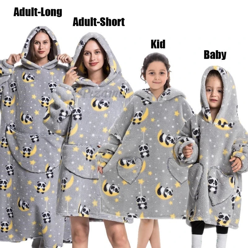 Oversize Winter Sherpa Blanket Plush Polar Fleece Family Matching Hoodie Girl Sweatshirt Homewear Avocado Animal Print Outwear