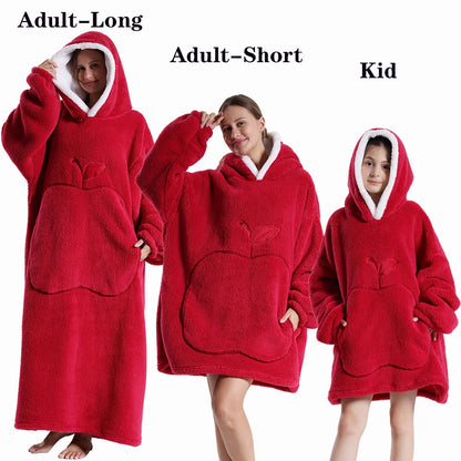 Super Long Oversized Winter Sherpa Blanket Plush Flannel Warm Family Matching Hoodie Christmas Homewear Avocado Women Sweatshirt