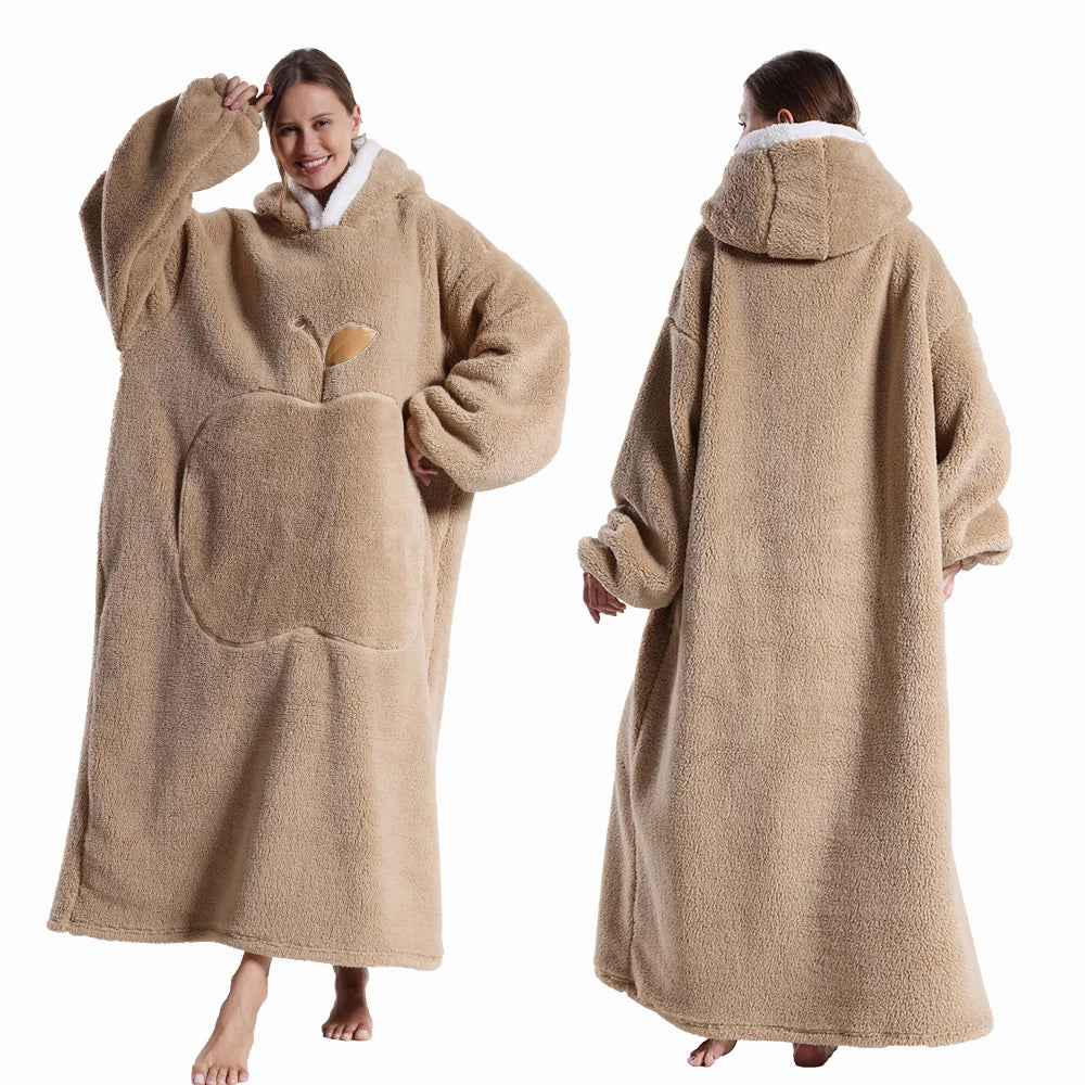 Plush Long Blanket For Women Wearable Winter Warm Oversized Blanket Hoddies With Sleeves Adult Thick Pajama For Slumber Party
