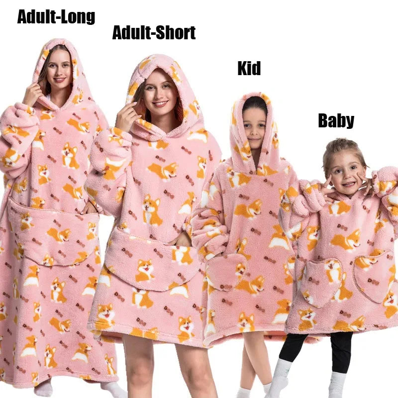 Super Long Oversized Winter Sherpa Blanket Plush Flannel Warm Family Matching Hoodie Christmas Homewear Avocado Women Sweatshirt