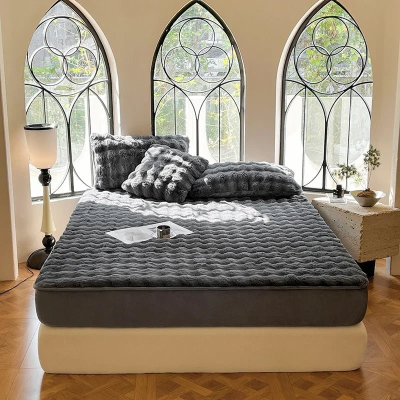 Fluffy Plush Fitted Bed Sheet Solid Color Long Hair Fleece Bed Cover For Double Bed fundas de colchón Winter Warm Mattress Cover