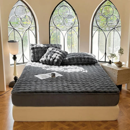 Fluffy Plush Fitted Bed Sheet Solid Color Long Hair Fleece Bed Cover For Double Bed fundas de colchón Winter Warm Mattress Cover