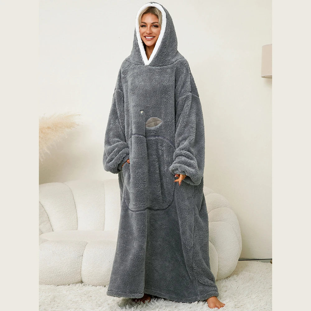 Plush Long Blanket For Women Wearable Winter Warm Oversized Blanket Hoddies With Sleeves Adult Thick Pajama For Slumber Party