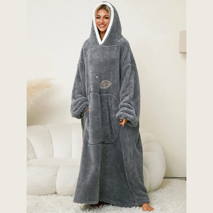Plush Long Blanket For Women Wearable Winter Warm Oversized Blanket Hoddies With Sleeves Adult Thick Pajama For Slumber Party