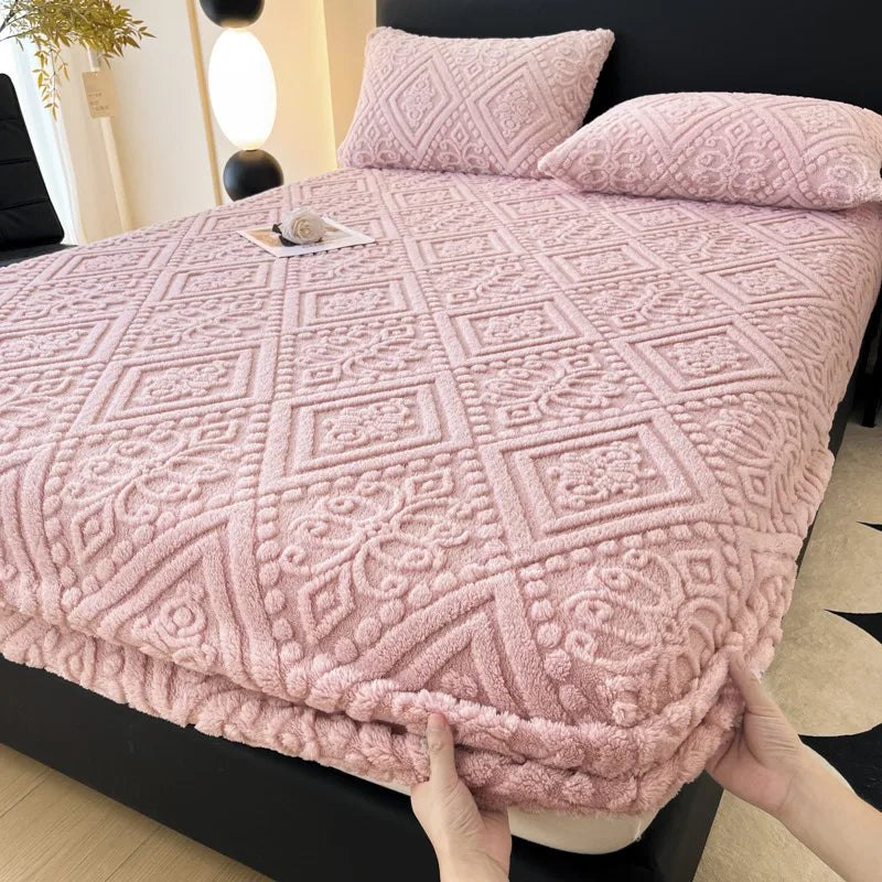 Jacquard Winter Thick Warm Coral Plush Mattress Cover High Elasticity Anti-Slip Breathable Suitable Bedroom Soft Bed Sheet