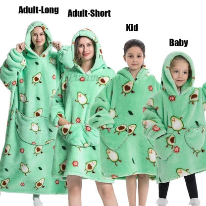 Oversize Winter Sherpa Blanket Plush Polar Fleece Family Matching Hoodie Girl Sweatshirt Homewear Avocado Animal Print Outwear