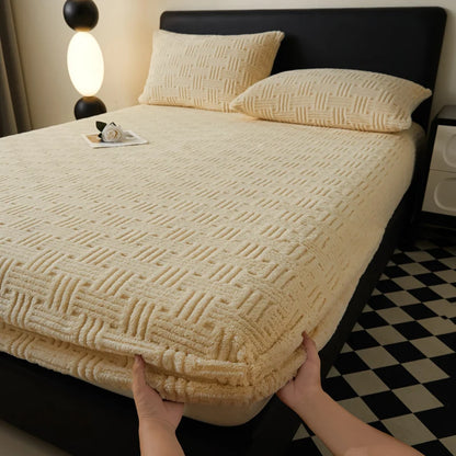 Jacquard Winter Thick Warm Coral Plush Mattress Cover High Elasticity Anti-Slip Breathable Suitable Bedroom Soft Bed Sheet
