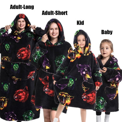Oversize Winter Sherpa Blanket Plush Polar Fleece Family Matching Hoodie Girl Sweatshirt Homewear Avocado Animal Print Outwear