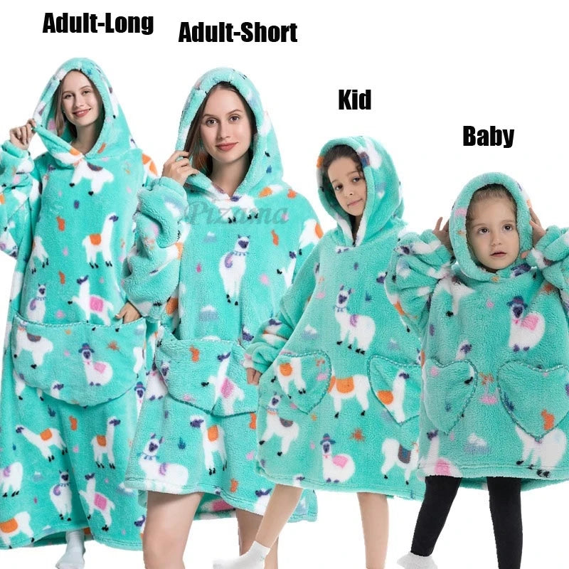 Oversize Winter Sherpa Blanket Plush Polar Fleece Family Matching Hoodie Girl Sweatshirt Homewear Avocado Animal Print Outwear