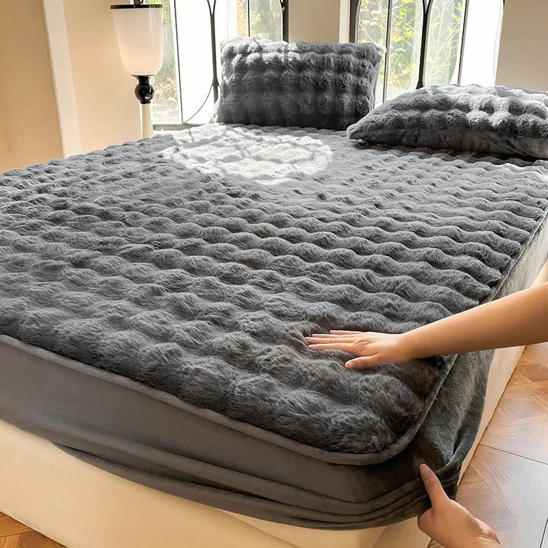 Fluffy Plush Fitted Bed Sheet Solid Color Long Hair Fleece Bed Cover For Double Bed fundas de colchón Winter Warm Mattress Cover