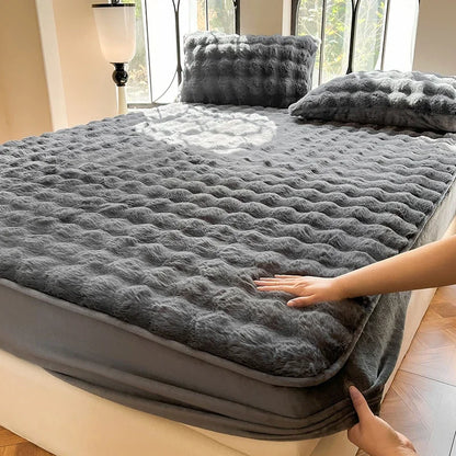 Fluffy Plush Fitted Bed Sheet Solid Color Long Hair Fleece Bed Cover For Double Bed fundas de colchón Winter Warm Mattress Cover
