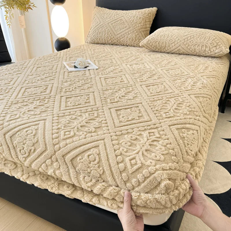 Jacquard Winter Thick Warm Coral Plush Mattress Cover High Elasticity Anti-Slip Breathable Suitable Bedroom Soft Bed Sheet