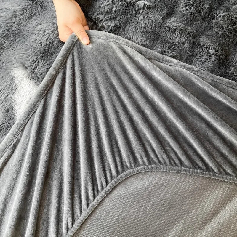 Fluffy Plush Fitted Bed Sheet Solid Color Long Hair Fleece Bed Cover For Double Bed fundas de colchón Winter Warm Mattress Cover