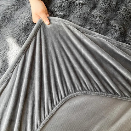 Fluffy Plush Fitted Bed Sheet Solid Color Long Hair Fleece Bed Cover For Double Bed fundas de colchón Winter Warm Mattress Cover