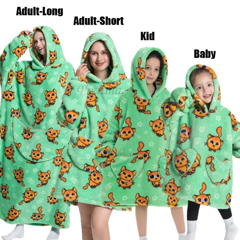 Oversize Winter Sherpa Blanket Plush Polar Fleece Family Matching Hoodie Girl Sweatshirt Homewear Avocado Animal Print Outwear