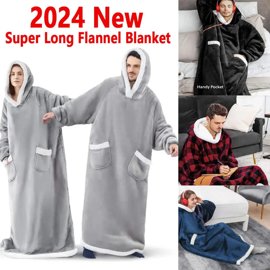 2024 Super Long Flannel Blanket with Sleeves Winter Hoodies Sweatshirt Women Men Pullover Fleece Giant TV Blanket Oversized New