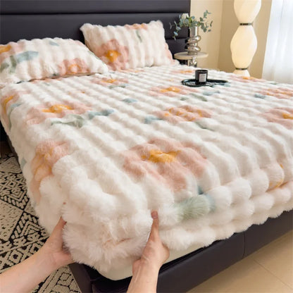 2024 new thickened rabbit plush mattress single piece winter warm plush sheet cover all-inclusive mattress protective cover
