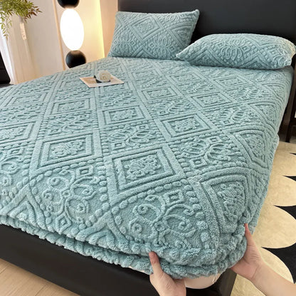 Jacquard Winter Thick Warm Coral Plush Mattress Cover High Elasticity Anti-Slip Breathable Suitable Bedroom Soft Bed Sheet