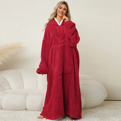 Plush Long Blanket For Women Wearable Winter Warm Oversized Blanket Hoddies With Sleeves Adult Thick Pajama For Slumber Party