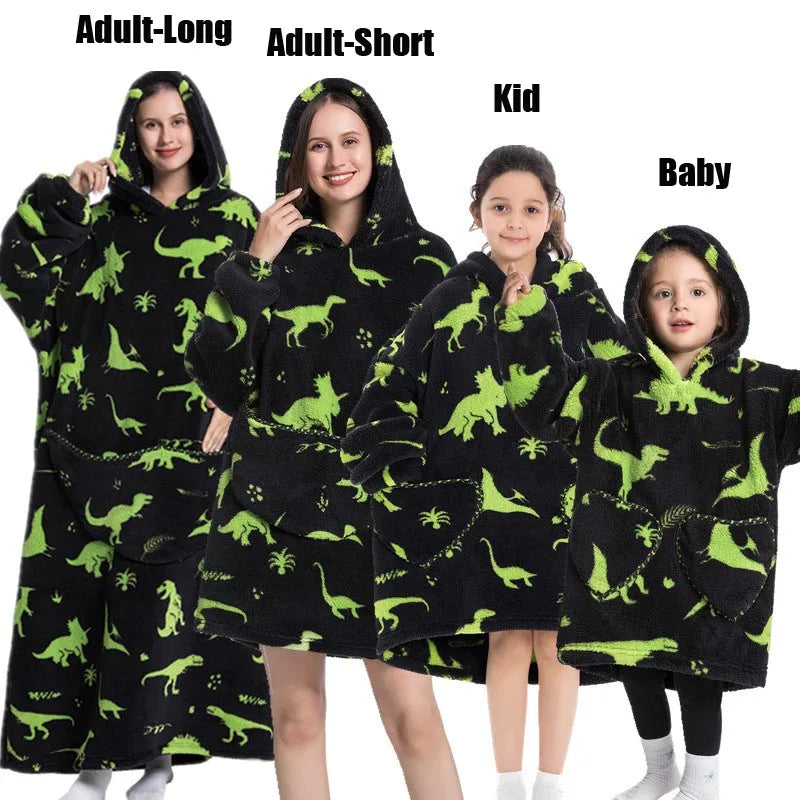 Super Long Oversized Winter Sherpa Blanket Plush Flannel Warm Family Matching Hoodie Christmas Homewear Avocado Women Sweatshirt