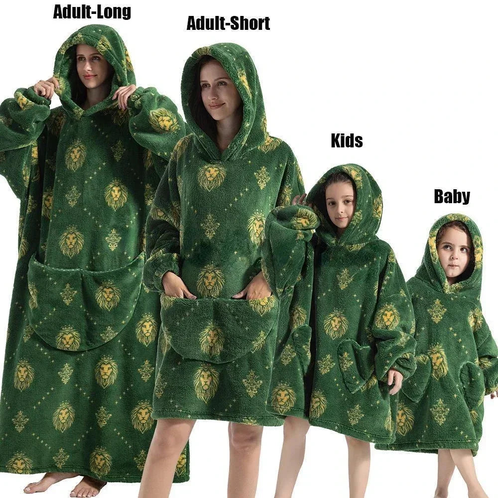 Super Long Oversized Winter Sherpa Blanket Plush Flannel Warm Family Matching Hoodie Halloween Homewear Avocado Women Sweatshirt