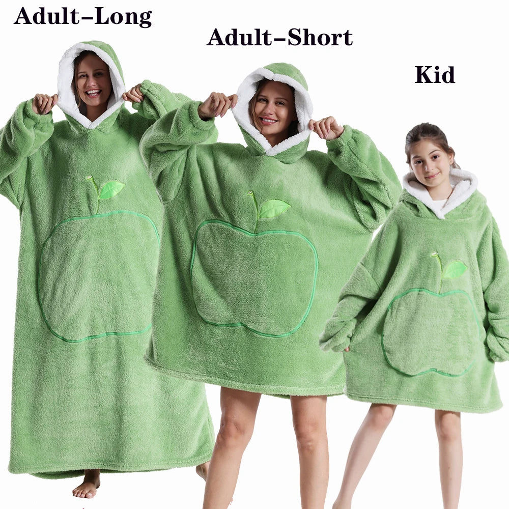 Super Long Oversized Winter Sherpa Blanket Plush Flannel Warm Family Matching Hoodie Christmas Homewear Avocado Women Sweatshirt