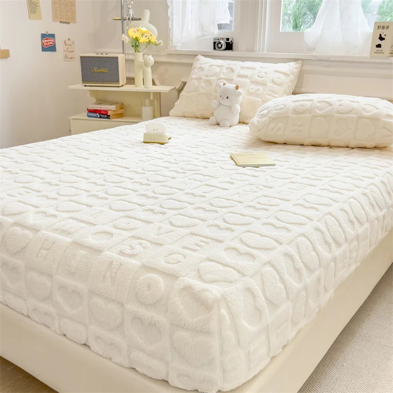 Jacquard Winter Thick Warm Coral Plush Mattress Cover High Elasticity Anti-Slip Breathable Suitable Bedroom Soft Bed Sheet